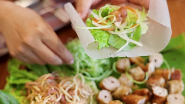 Hands Assembling Fresh Vietnamese Spring Rolls with Rice Paper and Vegetables