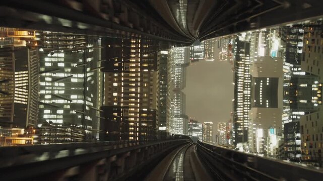 Surreal kaleidoscopic train riding through a futuristic city at night