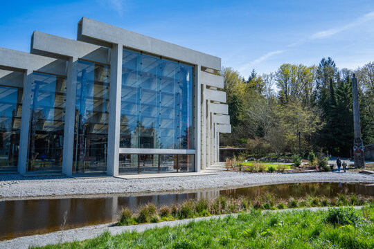 Exterior of Museum of Anthropology (MOA) at UBC with Totem Poles