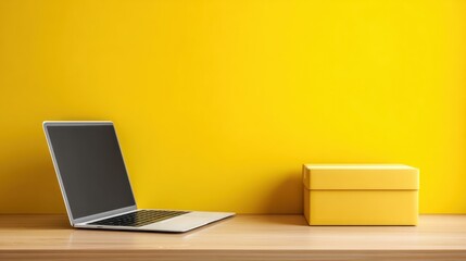 Naklejka premium Modern workspace featuring a sleek laptop and a vibrant yellow box against a bright yellow wall, perfect for creative business and office settings