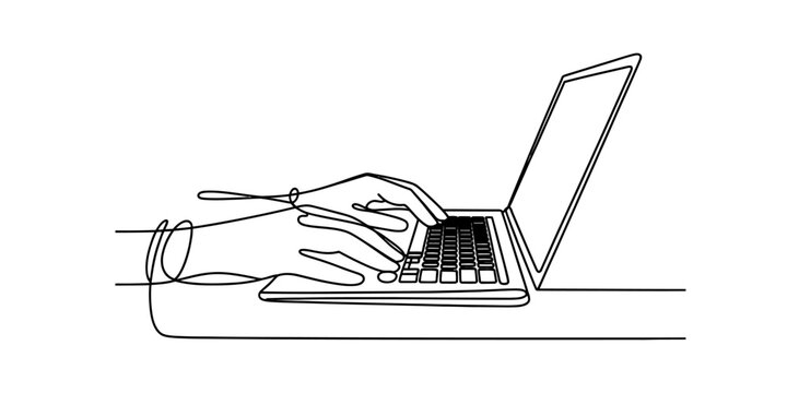 A single continuous line drawing of a pair of human hands typing on a modern laptop computer device Vector, illustration