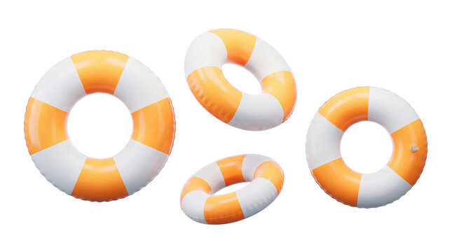 Realistic orange and white striped inflatable swimming rings, dynamically arranged for summer fun and water safety.