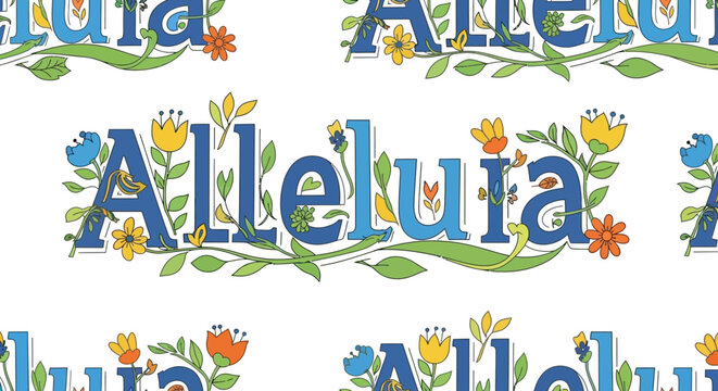 Alleluia floral lettering pattern, spring flowers and green leaves, religious celebration