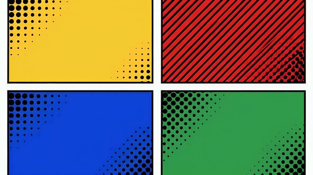 A vibrant collection of six abstract panels showcases bold primary colors and a distinctive halftone dot pattern, evoking a retro pop art aesthetic.