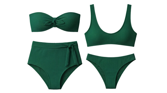 Two styles of dark green ribbed bikini swimsuits, including bandeau and scoop neck designs.