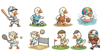 Fototapeta premium Set of Funny cartoon vector set illustration of a goose character playing with sport featuring an animal icon collection watercolor pastel style