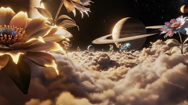 A surreal and dreamlike scene depicts vibrant flowers blooming amidst swirling clouds and the majestic rings of distant planets, creating a captivating cosmic garden.