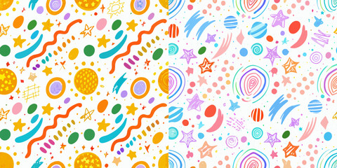 Fototapeta premium Colorful abstract pattern with stars swirls and geometric shapes