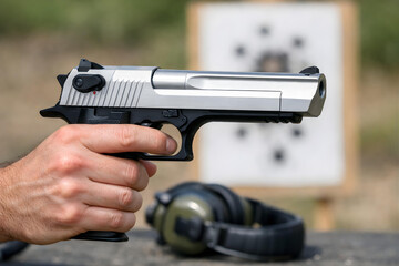 Obraz premium Hand Holding Two‑Tone Desert Eagle at the Range – Safe Trigger Discipline
