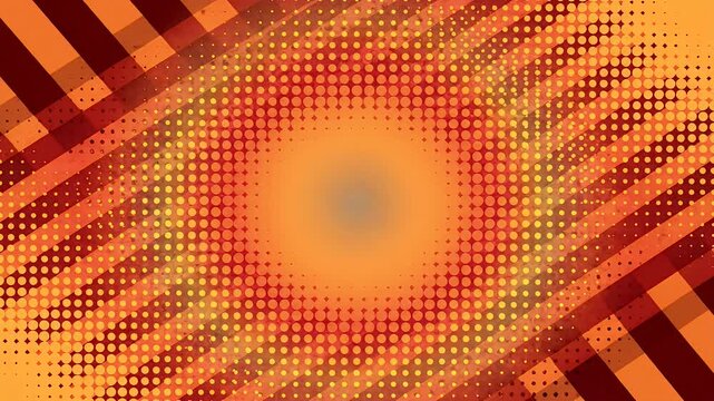 A vibrant abstract background features a radiating burst of orange and red halftone dots.