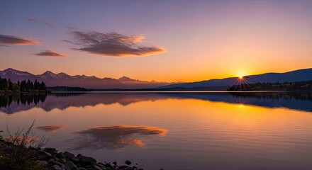 Naklejka premium A serene lake at sunset with mountains in the background