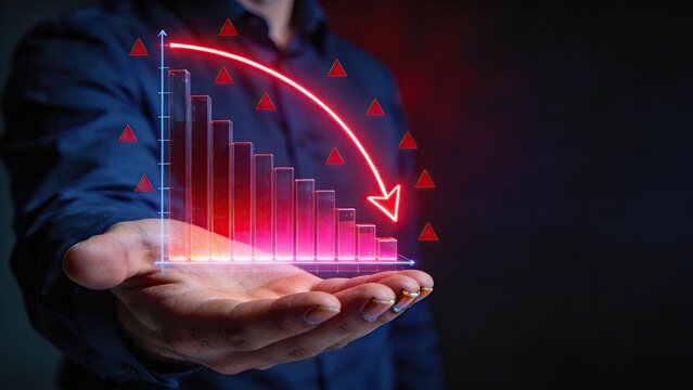 Businessman hand holding glowing red holographic bar chart with downward trend arrow financial loss concept data analysis economic crisis market decline investment risk corporate