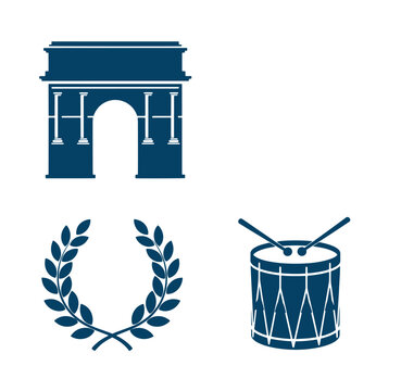Blue icons of arch of triumph laurel wreath and drum on white background