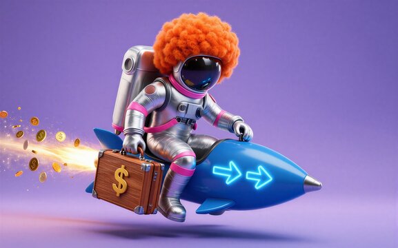 Astronaut with afro rides rocket carrying money soaring through