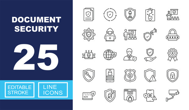 Document Security set of web icons in line style. Containing Document, Shield, Strategy, Clipboard, Presentation, Gear, Hacker, Training, Megaphone, Padlock, Malware, Globe, and more. Editable stroke