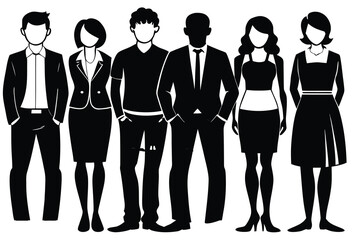 Fototapeta premium Silhouettes of diverse group of people standing together in black and white.