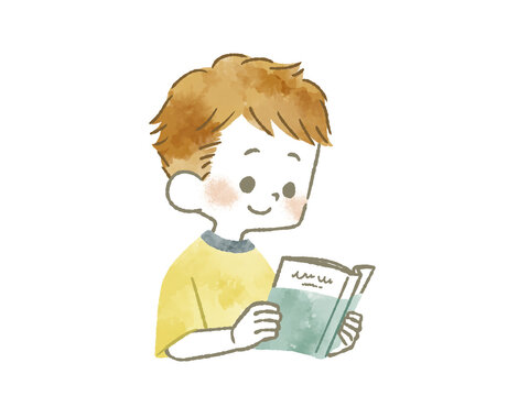 本を読んでいる男の子-水彩