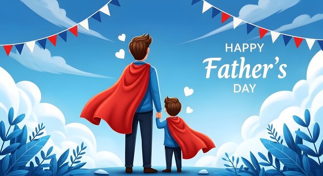 Happy father's day a superhero dad and son embrace a special bond