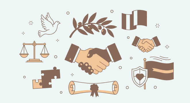 Partnership agreement and law concept with handshake scales dove and olive branch