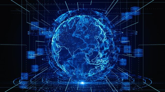 Futuristic Digital Global Network with Data Connections, Blockchain Technology and Cyber Network Visualization. Animation 4K. 3D Rendering