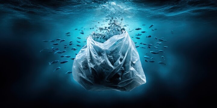 Plastic bag drifts eerily underwater surrounded by a school of fish