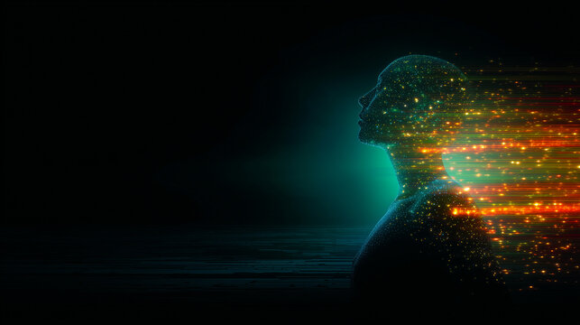 Human Silhouette Dissolves Into Glowing Light At Night, Consciousness