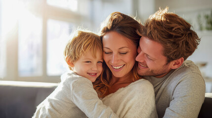 Obraz premium Family's Warm Embrace: A loving family shares a tender moment indoors, illuminated by natural light, radiating warmth and affection, embodying the core of togetherness.