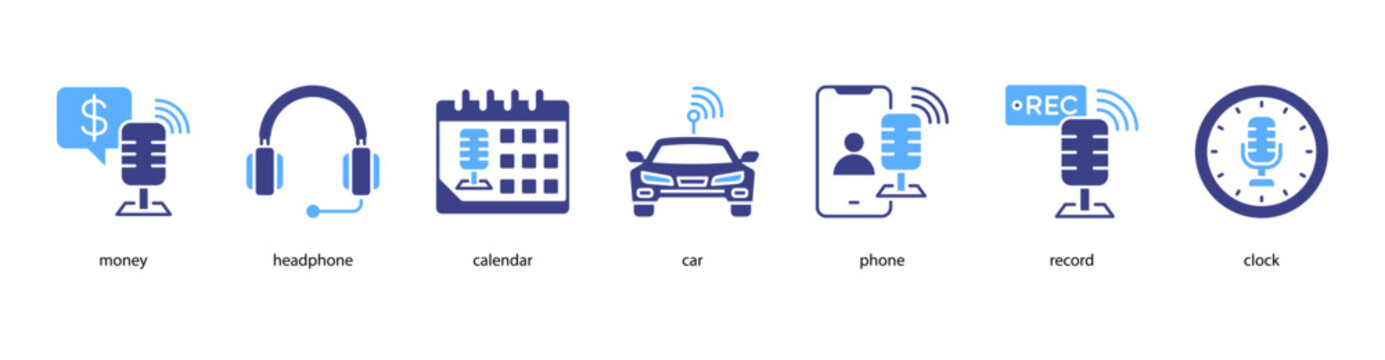 Podcast Essentials web banner icon vector illustration featuring money, headphone, calendar, car, phone, record, and clock for digital broadcasting and creative media.