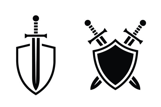 Silhouette of shield and sword icons in black and white, minimalist vector design with crossed swords and shield emblem, perfect for security, gaming, or fantasy-themed branding and illustrations.