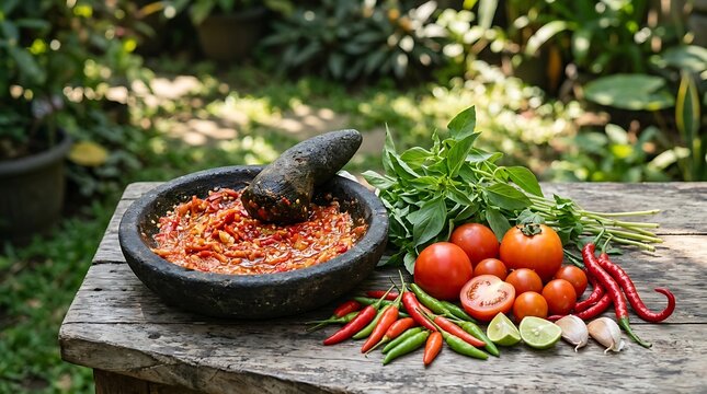 A vibrant arrangement of chili peppers, tomatoes, and herbs alongside a mortar filled with sambal ulek on a rustic wooden table in a lush garden setting.