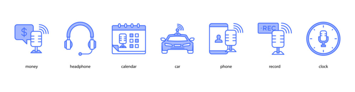 Podcast Essentials web banner icon vector illustration featuring money, headphone, calendar, car, phone, record, and clock for digital broadcasting and creative media.
