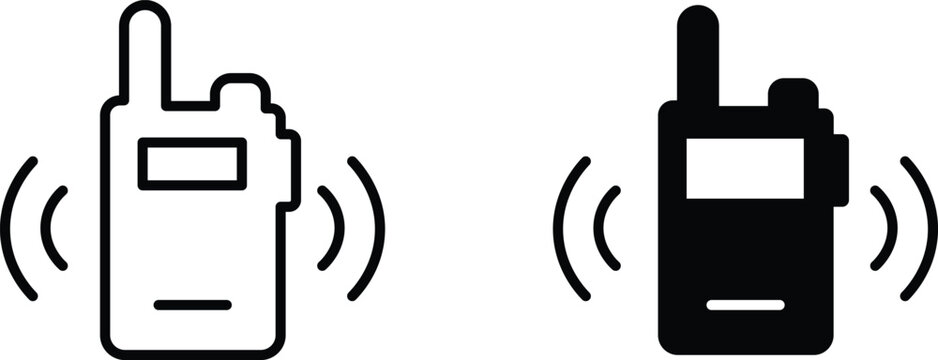 Walkie talkie icon set in outline and solid styles, portable radio transceiver vector symbols, wireless communication device illustrations