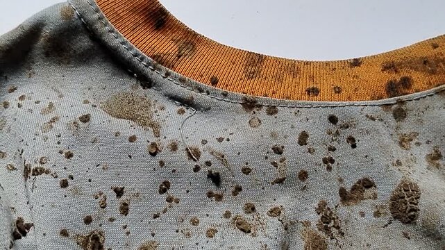 Dirty clothes with mud stains, messy fabric texture showing outdoor activity, laundry problem concept and stain removal challenge.