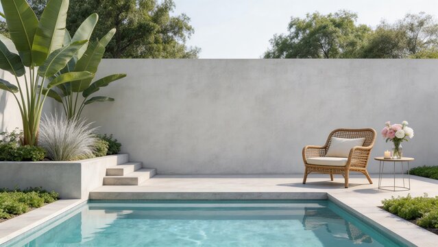 Luxury backyard with swimming pool modern concrete wall rattan chair tropical plants minimalist garden design outdoor relaxation space summer lifestyle elegant home exterior