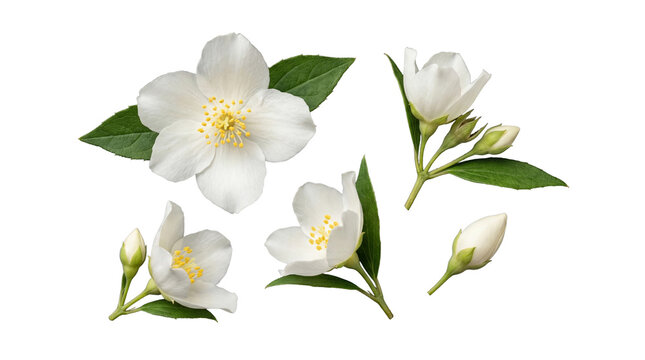 Delicate white jasmine flowers and fresh green leaves, with blooming buds.
