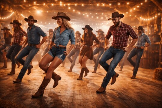 Group of people in cowboy outfits dancing country line dance in barn with wooden floor and warm string lights