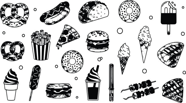 Versatile vector illustration collection featuring  food items and sweet dessert treats, rendered in a modern, stylized black and white outline graphic design for menus or promotional use.
