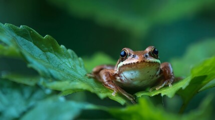 Obraz premium Close up of green frog resting on fresh leaf in natural habitat, detailed amphibian wildlife scene with soft light, nature macro photography capturing calm forest environment and delicate texture of s