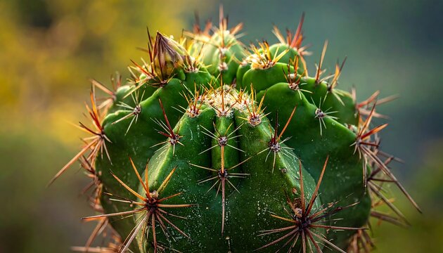 Close-up of a spiky, vibrant green cactus with a budding flower top