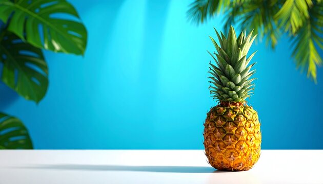 Ripe Golden Pineapple with Green Crown on White Surface Against Blue Sky and Tropical Leaves