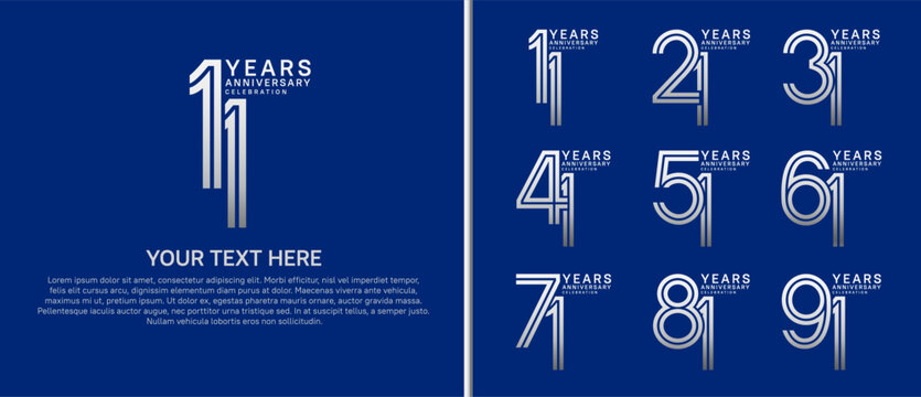 anniversary logo set multiple line style. silver color on blue background for celebration moment