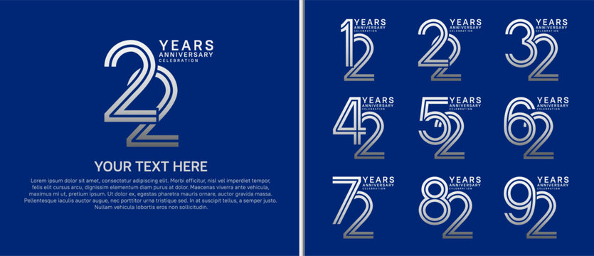 anniversary logo set multiple line style. silver color on blue background for celebration moment