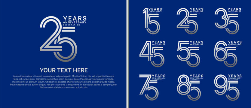 anniversary logo set multiple line style. silver color on blue background for celebration moment