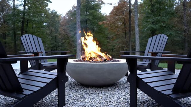 A serene outdoor scene features a modern fire pit surrounded by Adirondack chairs on a bed of gravel, creating a cozy and inviting atmosphere.