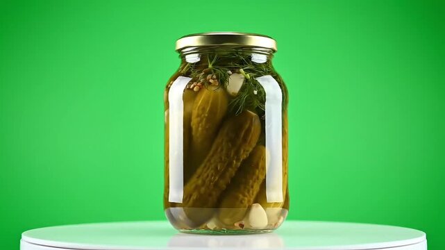 Preserved pickles in glass jar with dill and garlic on a bright green background