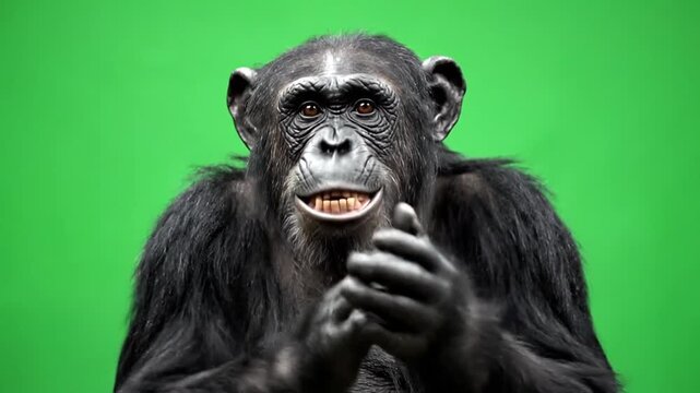 A close-up shot of a chimpanzee with dark fur and a smiling expression, looking directly at the camera against a vibrant green background.