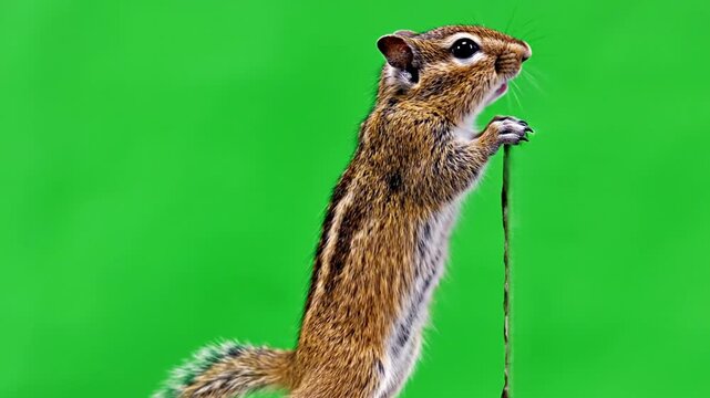 A chipmunk standing upright on its hind legs, holding a thin string against a vibrant green background.