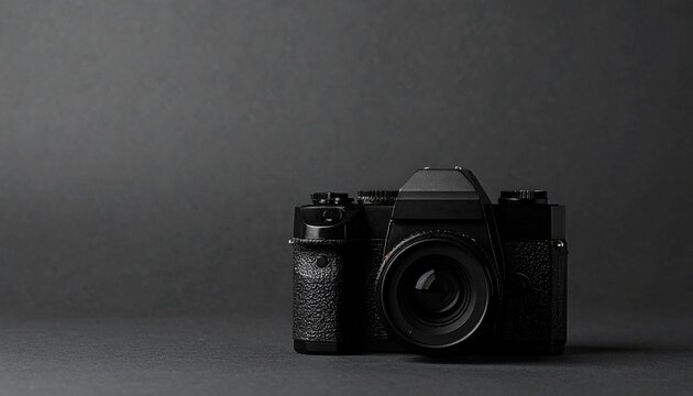 Black DSLR Camera with Large Lens and Textured Grip on Dark Background