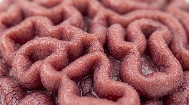 Macro closeup brain tissue pink convolutions glistening moist surface, intricate gyri and sulci, high detail medical specimen, clinical lighting, texture study for pathology and research settings