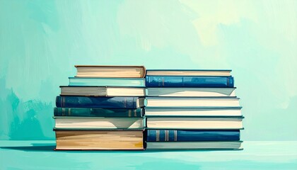 Fototapeta premium Stack of Seven Hardcover Books in Blue, Green, and Beige on Solid Turquoise Background